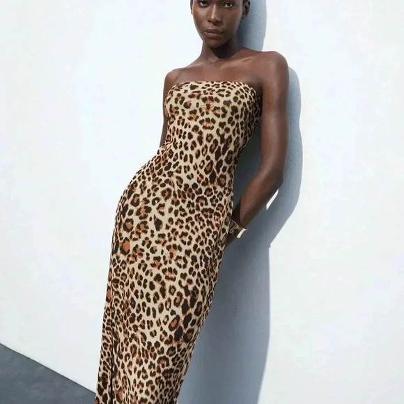Khaki Sexy Women's Leopard Print Fitted Bodycon Midi Dress With Slit Up To Thigh - Picture 4 of 8